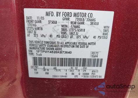 2006 Ford F-150 Fx4/Lariat/Xlt from USA, damaged, VIN 1FTPW14526KB73640